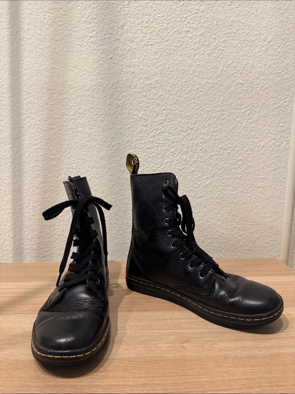 Dr. Martens Black Leather Lace-Up Ankle Boots with Yellow Stitching